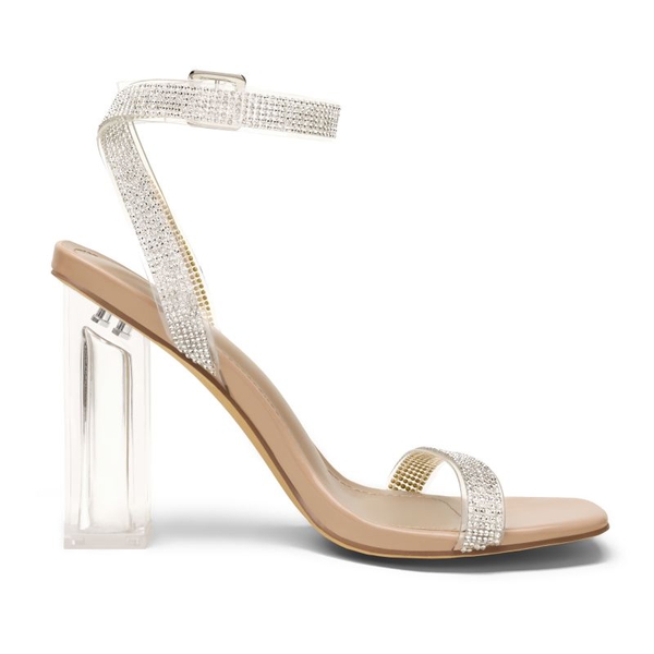 Square Toe Clear Chunky Heel Sandals - NUDE CLEAR RHINESTONE - 2